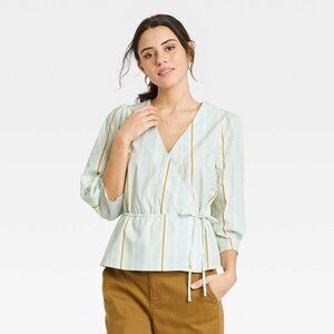 Women's Striped Long Sleeve Wrap Top - a New Day Large